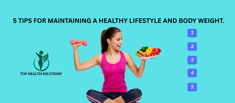 Woman sitting holding food in one hand and dumbbell in other hand representing healthy lifestyle.
