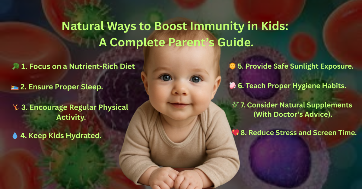 Smiling child sitting with immunity boosting tips listed on both sides.