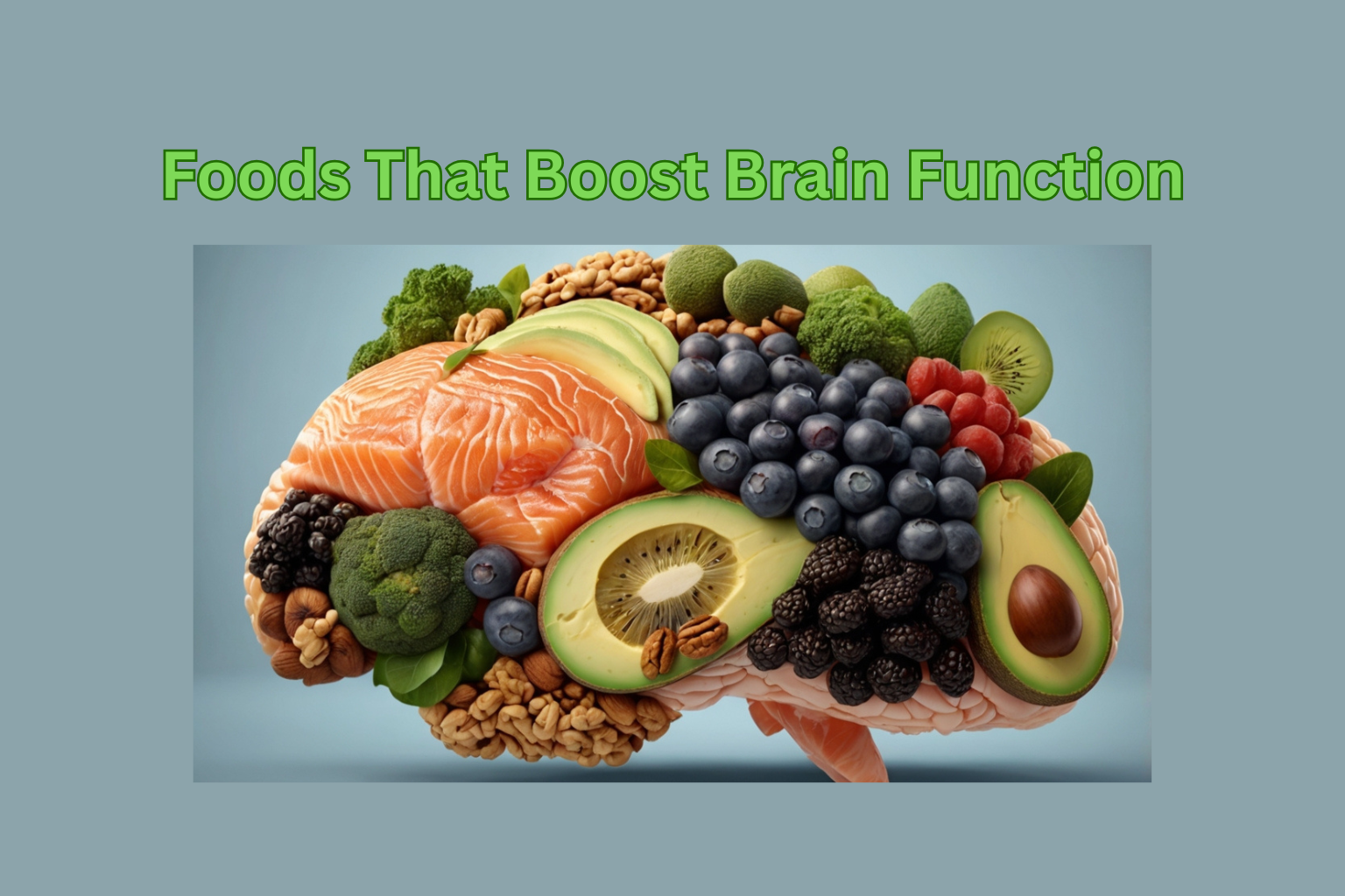 Glowing human brain illustration made of salmon, blueberries, walnuts, dark chocolate, broccoli, and avocados symbolizing memory, focus, and brain health.