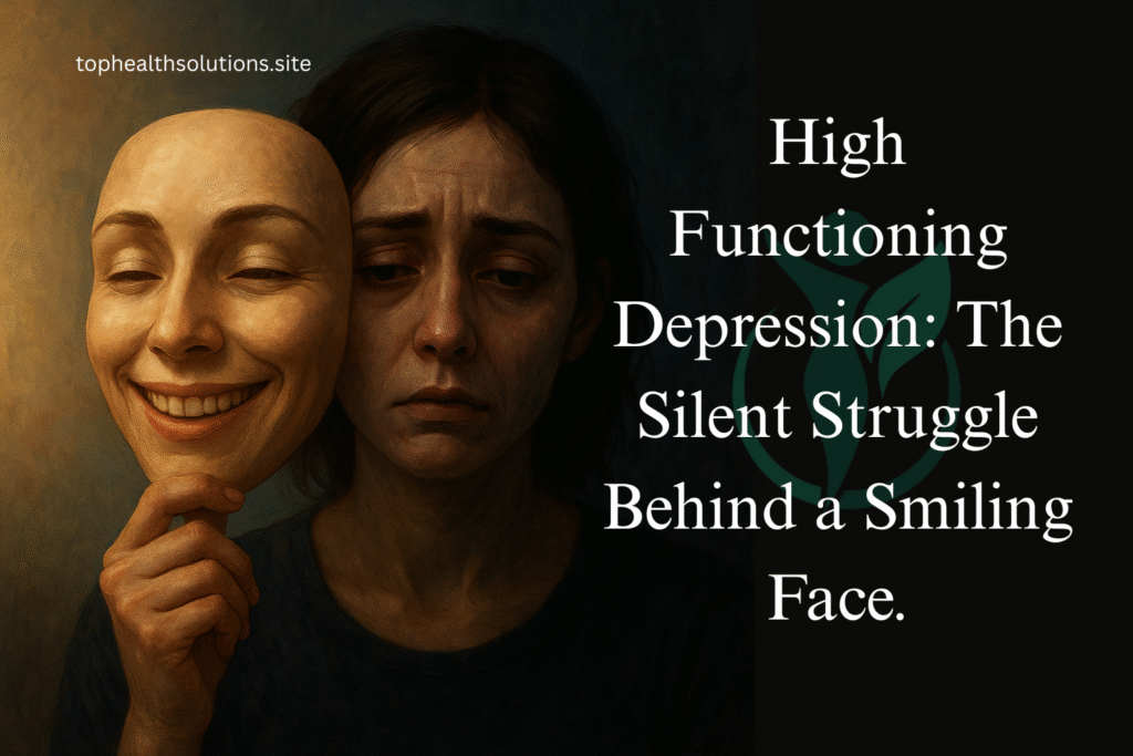 A digital illustration of a woman holding a smiling mask in front of her face while her real expression looks sad and exhausted, symbolizing high functioning depression and hidden emotional struggles.