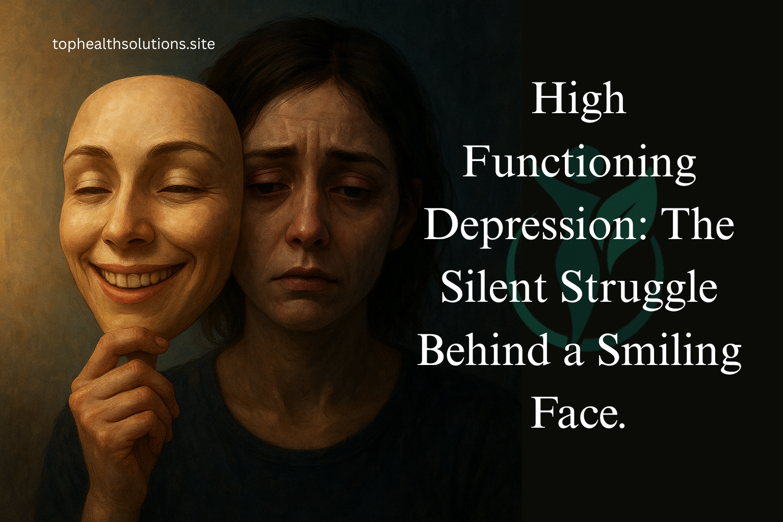 A digital illustration of a woman holding a smiling mask in front of her face while her real expression looks sad and exhausted, symbolizing high functioning depression and hidden emotional struggles.