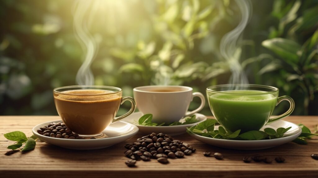 Steaming cup of coffee and green tea on a wooden table with coffee beans and tea leaves, promoting focus, memory, and brain health.