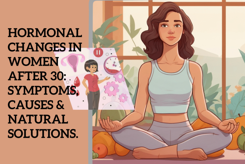 Cartoon illustration of a healthy woman in her 30s experiencing hormonal changes, looking thoughtful and calm.