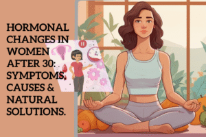 Cartoon illustration of a healthy woman in her 30s experiencing hormonal changes, looking thoughtful and calm.