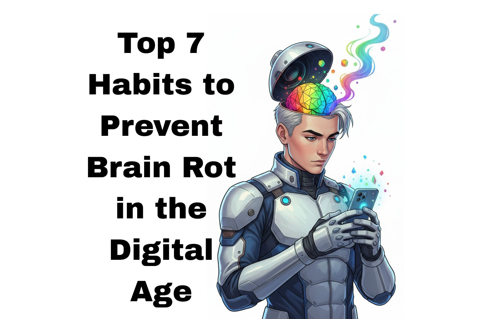 Brain Rot digital age illustration of young man with smartphone and abstract colorful brain concept art