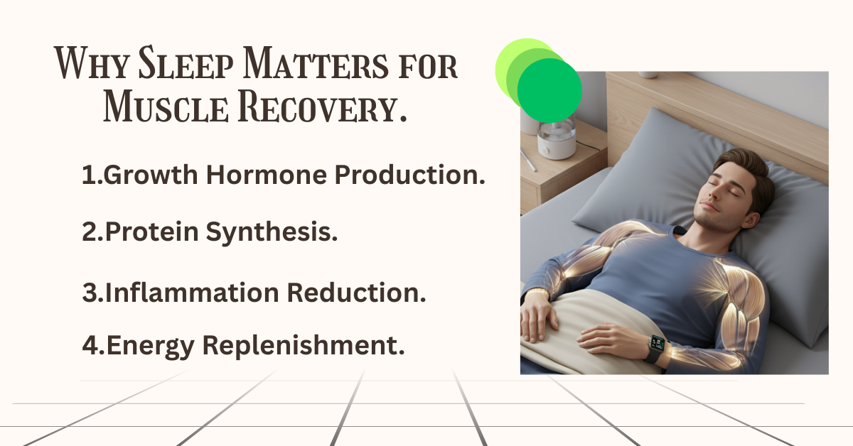 Man sleeping with muscle recovery benefits highlighted, showing growth hormone production, protein synthesis, inflammation reduction, and energy replenishment.