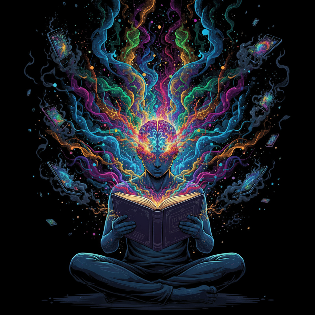 Brain Rot prevention illustration: person reading book with glowing brain energy, smartphones fading in background.