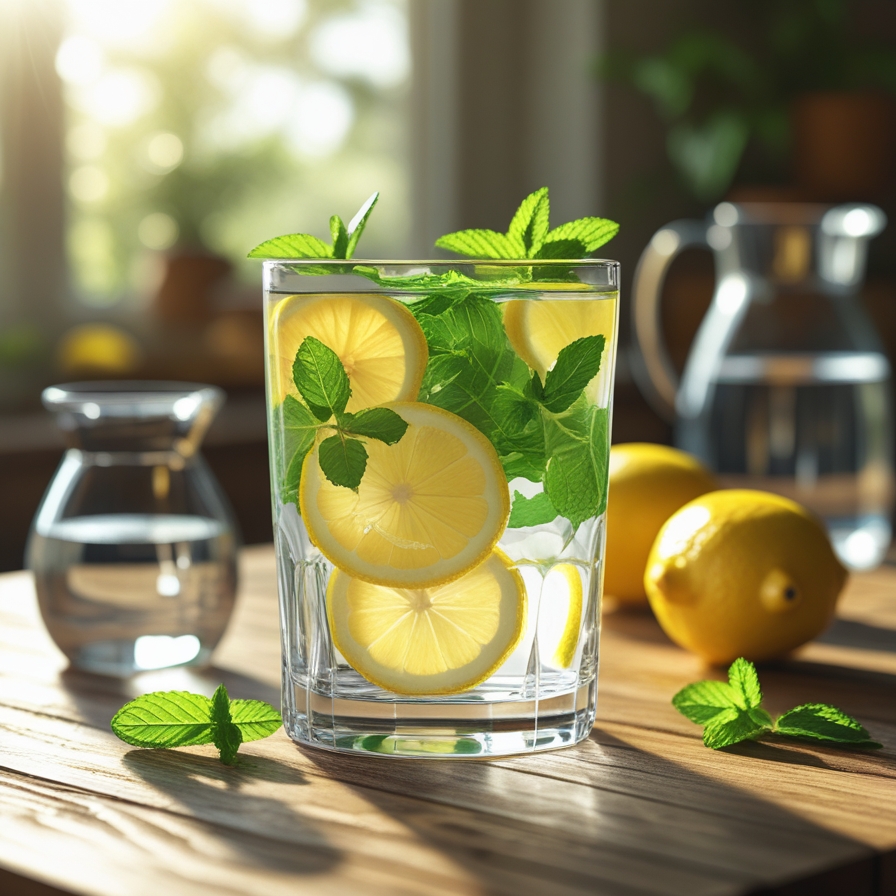 A glass of fresh lemon water with lemon slices and mint leaves on a wooden table, symbolizing a natural and refreshing health drink.