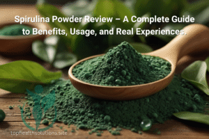 Organic spirulina powder on a wooden spoon with fresh green leaves, illustrating natural health benefits and superfood nutrition.