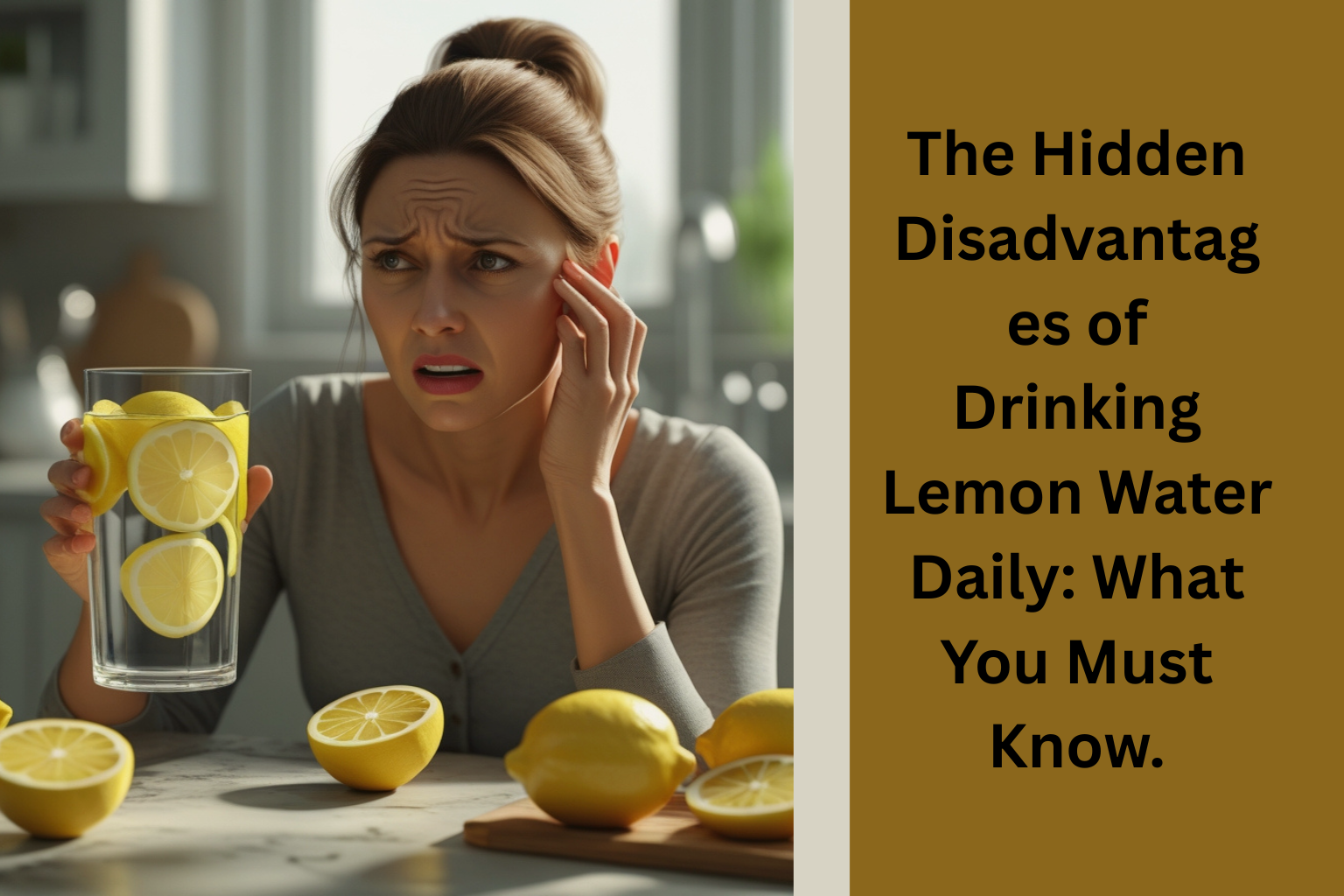 A woman holding a glass of lemon water and touching her jaw in pain, showing the disadvantages of drinking lemon water daily on tooth enamel and oral health.