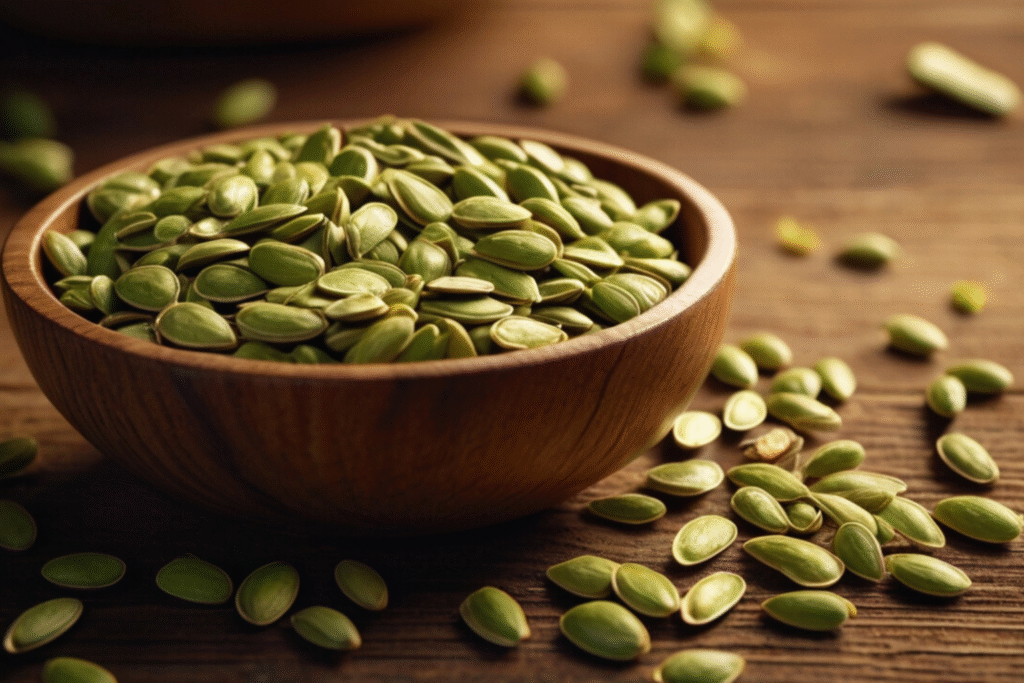 Fresh green pumpkin seeds on a rustic wooden table, showcasing their texture and health benefits, perfect nutrient-dense superfood snack.