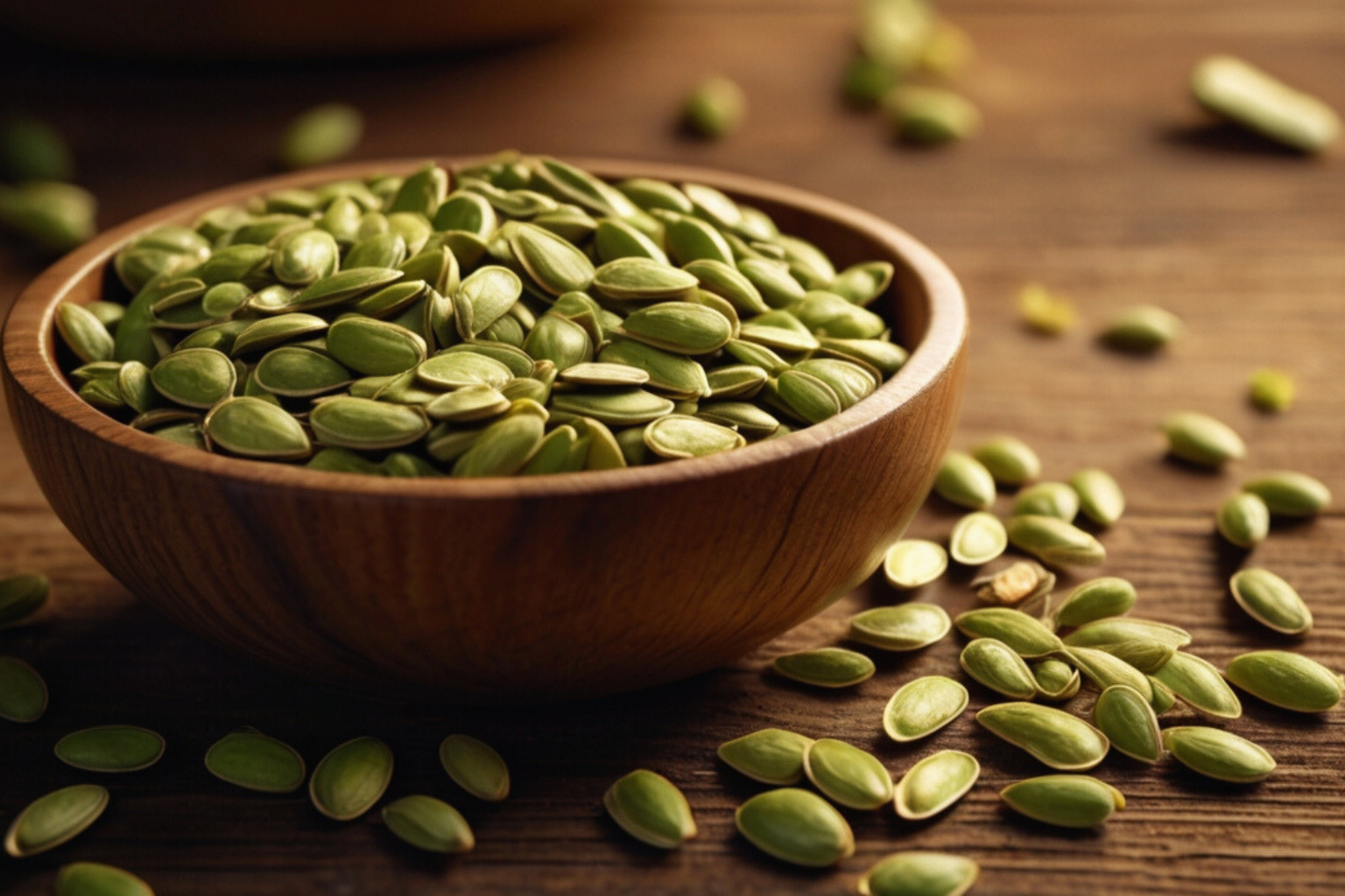 Fresh green pumpkin seeds on a rustic wooden table, showcasing their texture and health benefits, perfect nutrient-dense superfood snack.