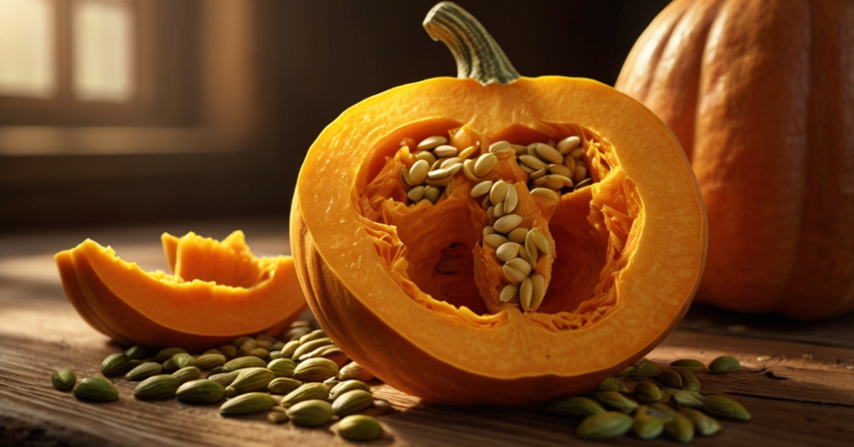Fresh pumpkin being cut open with green pumpkin seeds spilling out, showcasing natural nutrition and healthy superfood benefits.