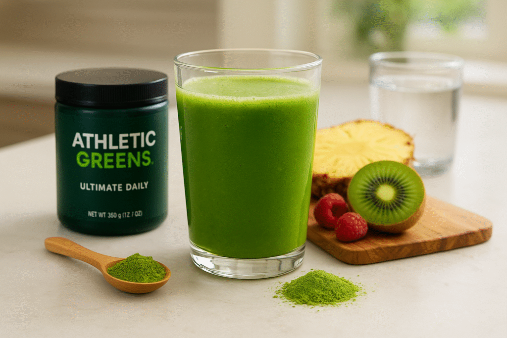 Healthy green smoothie in a glass with Athletic Greens Ultimate Daily powder container, fresh fruits like pineapple, kiwi, and raspberries, and a glass of water on a light surface, promoting a wellness lifestyle.