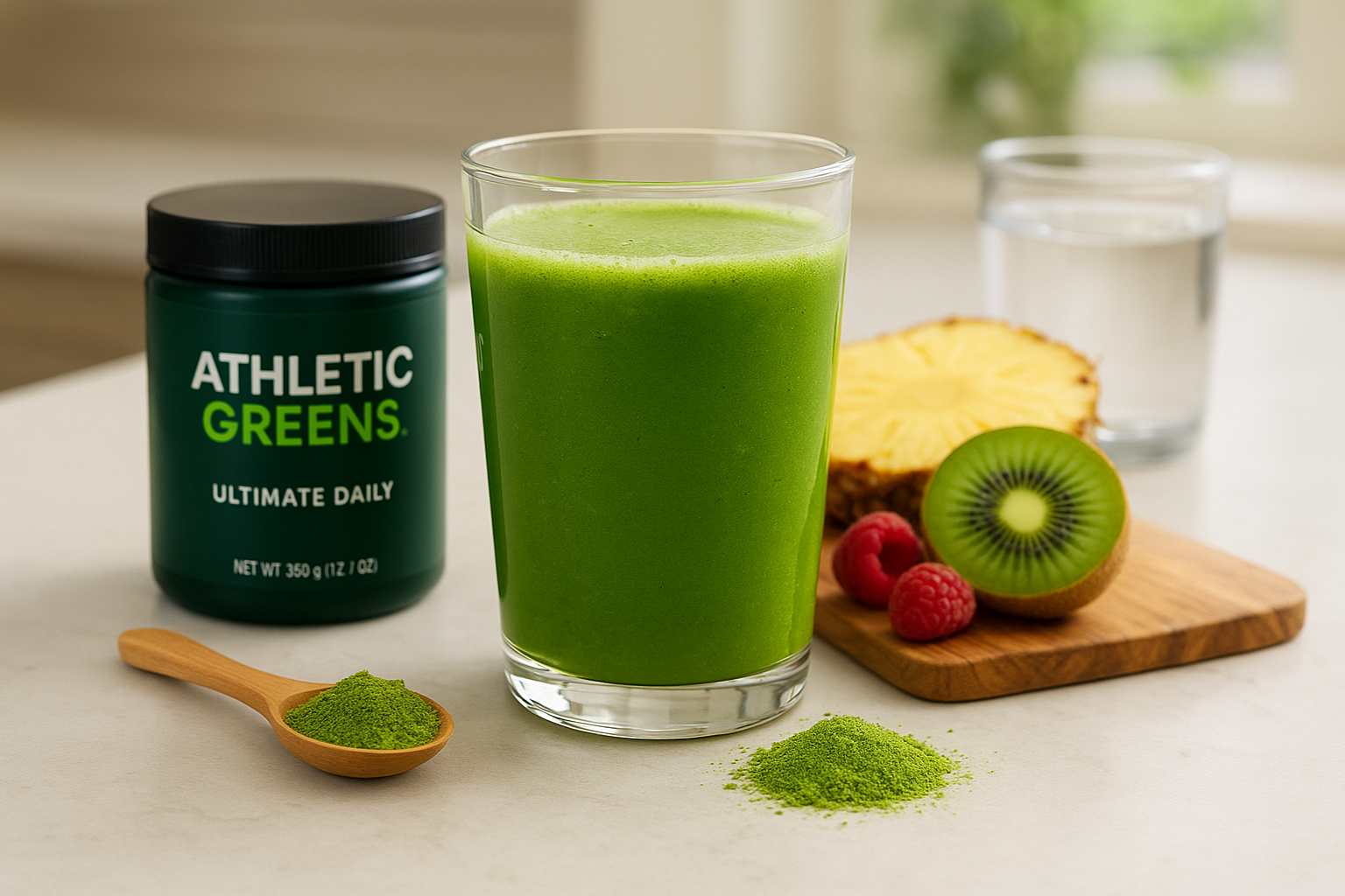Healthy green smoothie in a glass with Athletic Greens Ultimate Daily powder container, fresh fruits like pineapple, kiwi, and raspberries, and a glass of water on a light surface, promoting a wellness lifestyle.