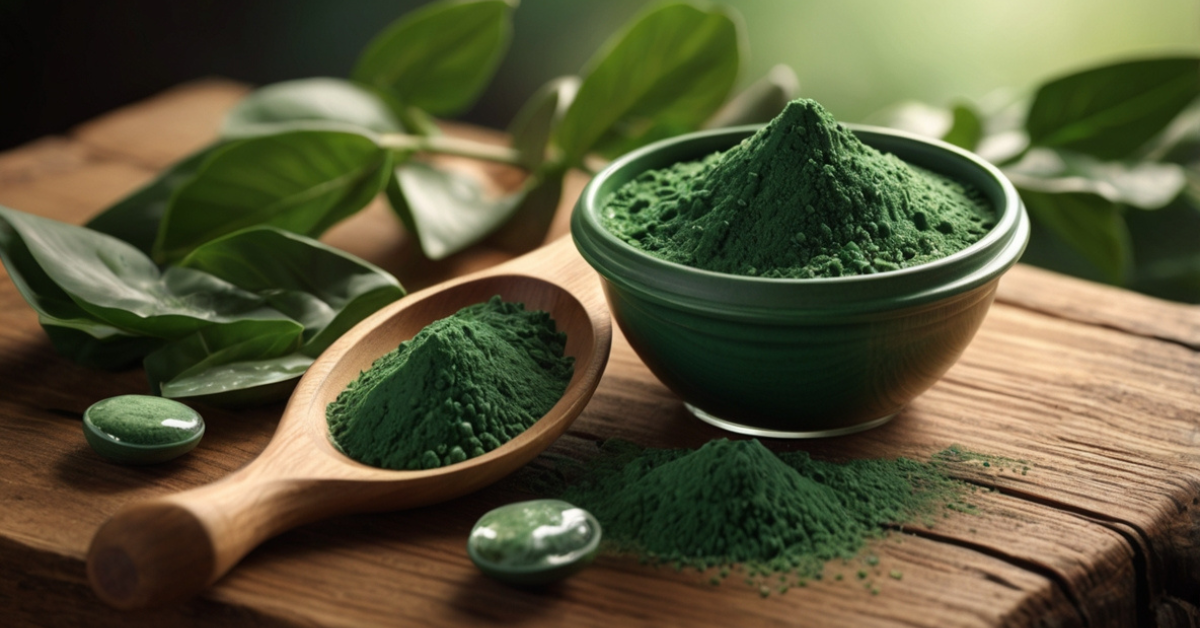 Spirulina powder on a rustic wooden surface surrounded by green leaves and sunlight, representing natural health benefits, energy, and vitality.