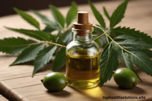 A glass bottle of neem oil with fresh neem leaves on a wooden table showing natural hair care benefits