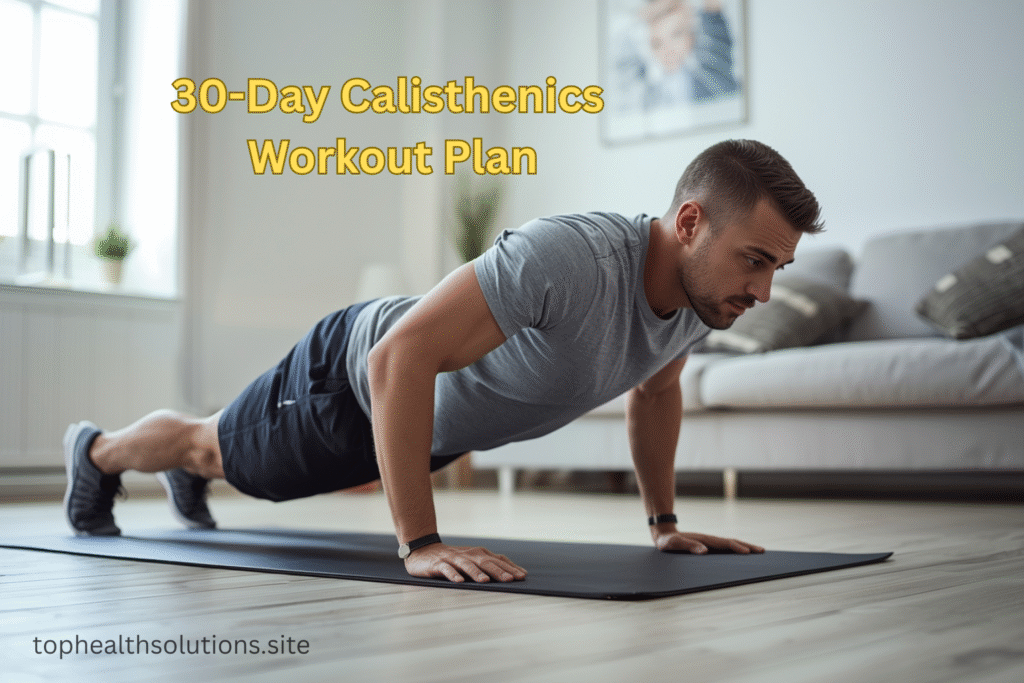 A healthy adult man performing a push-up on a workout mat in a bright, clean home setting.