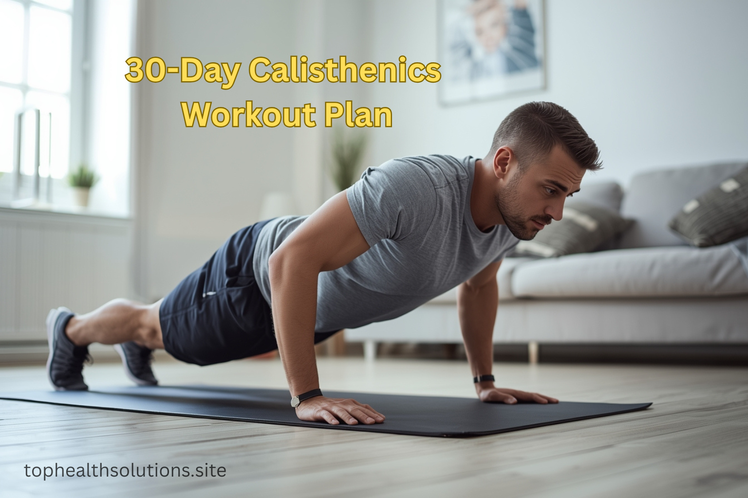 A healthy adult man performing a push-up on a workout mat in a bright, clean home setting.