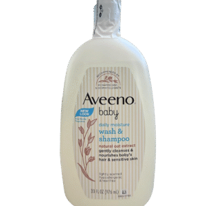 Aveeno Baby Wash and Shampoo bottle with natural oat extract for sensitive baby skin