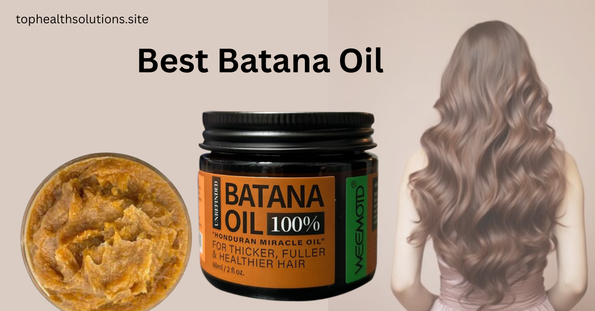 Promotional image of Batana Oil featuring an amber jar, a dark bottle with black cap and orange label, and the back of a woman with long, thick, wavy brown hair. The text “Best Batana Oil” is displayed at the top against a soft beige background. Bright studio lighting emphasizes the product and glossy hair, professional cosmetic marketing style.