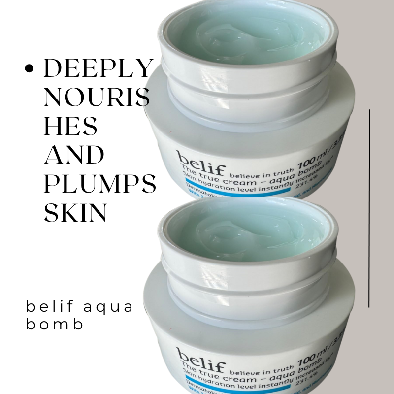 Two stacked open jars of Belif The True Cream Aqua Bomb with light blue gel cream, product labels visible, on soft beige background with vertical black text highlighting “Deeply Nourishes and Plumps Skin.
