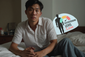 Middle-aged East Asian man sitting on a bed with a neutral expression, in a dimly lit bedroom, with a digital testosterone level indicator showing moderate levels in the upper right corner.