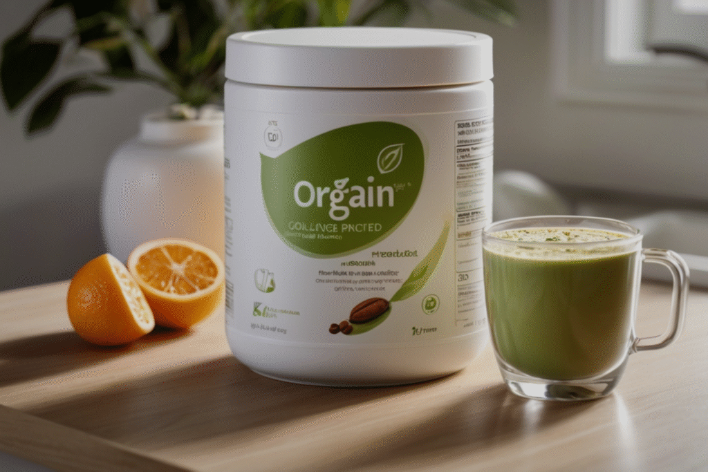 Unflavored Orgain Collagen Peptides powder being poured into a cup of coffee on a clean, bright kitchen counter.