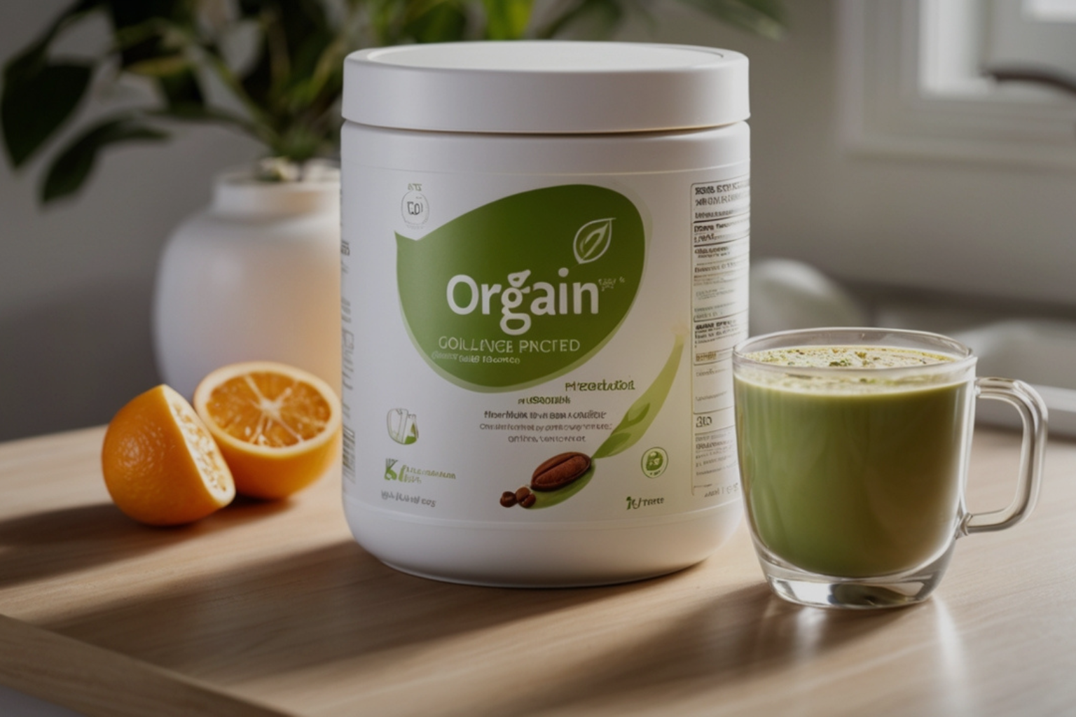 Unflavored Orgain Collagen Peptides powder being poured into a cup of coffee on a clean, bright kitchen counter.