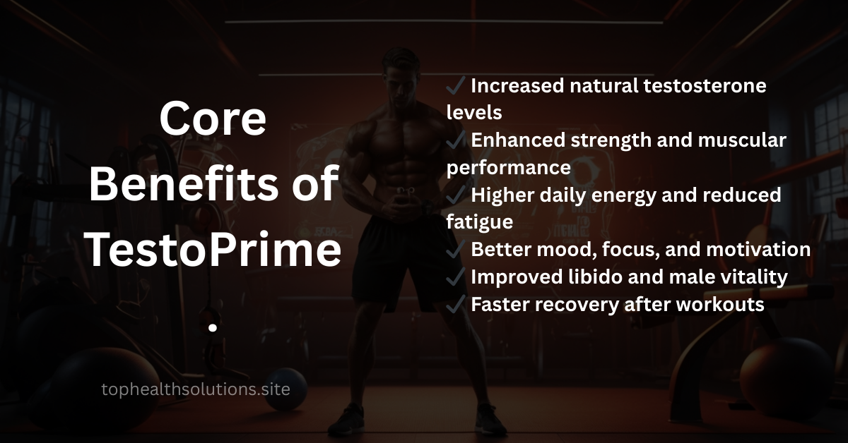 Muscular athletic man in a gym demonstrating the core benefits of TestoPrime, highlighting energy, strength, and vitality.