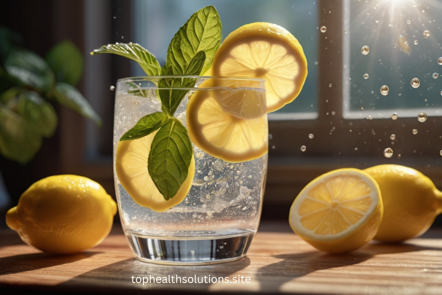 A crystal-clear glass of lemon water with fresh lemon slices and mint on a wooden table, sunlight reflecting on the condensation, ultra-detailed 8K.