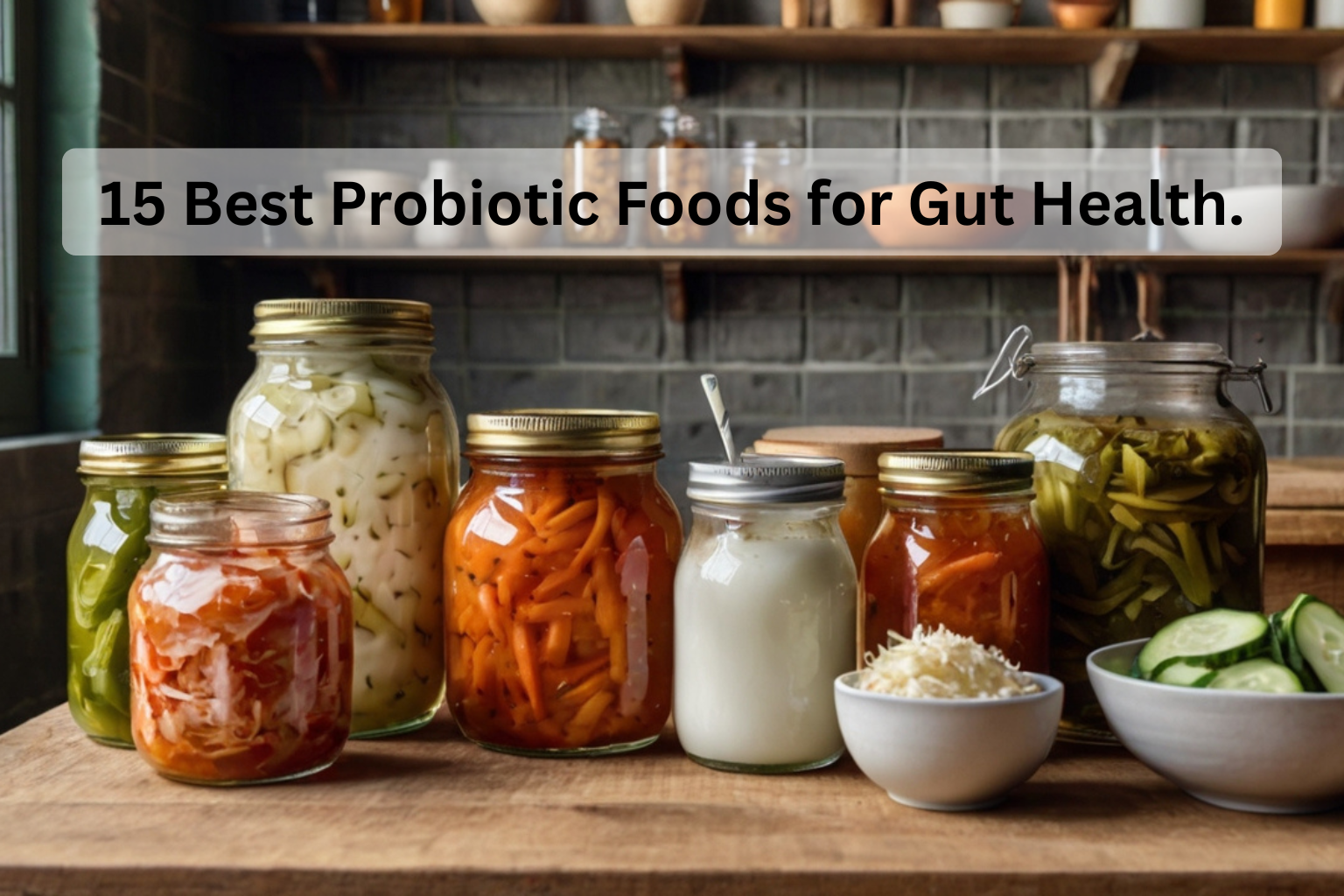 A vibrant 8K image of a wooden table filled with probiotic foods like Greek yogurt, kefir, sauerkraut, kimchi, kombucha, miso soup, tempeh, sourdough bread, and fermented pickles, with fresh herbs, representing gut-healthy nutrition.