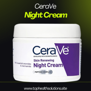 White jar of CeraVe Skin Renewing Night Cream with niacinamide and peptide complex, centered on black-to-green gradient background, showing product label and logo.