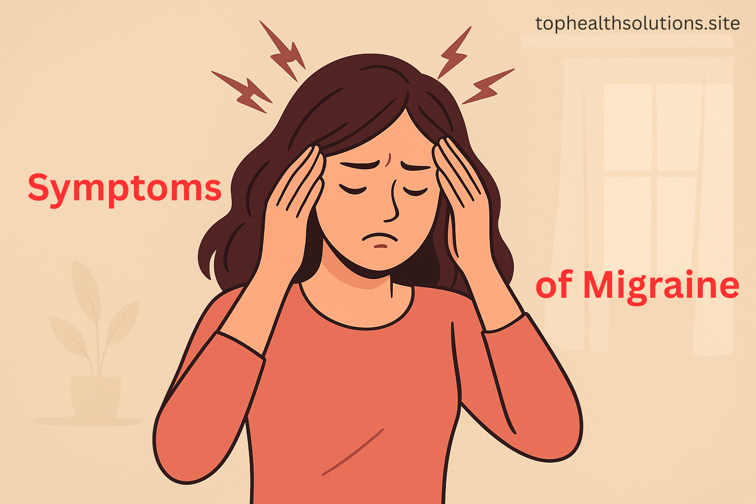 Cartoon illustration of a young woman with dark brown hair and fair skin, wearing an orange-red top, holding her temples in pain with lightning bolts above her head, depicting migraine symptoms