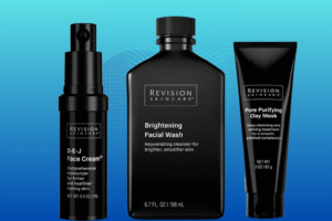Three Revision Skincare products including D.E.J Face Cream, Brightening Facial Wash, and Pore Purifying Clay Mask displayed on a gradient blue background with minimalist styling.