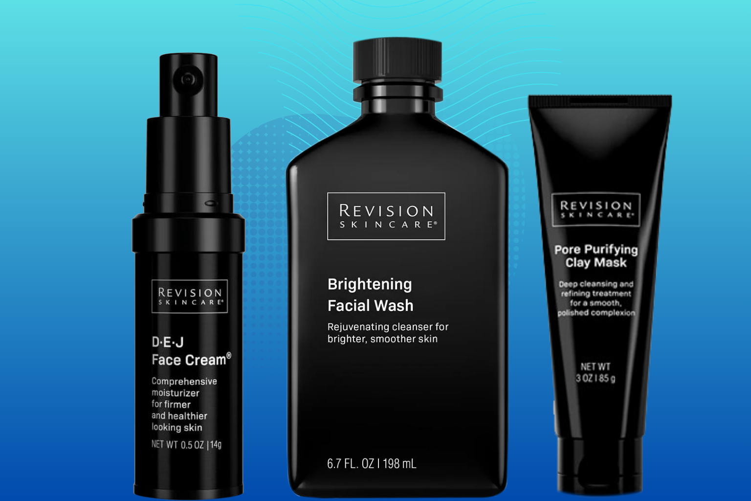 Three Revision Skincare products including D.E.J Face Cream, Brightening Facial Wash, and Pore Purifying Clay Mask displayed on a gradient blue background with minimalist styling.