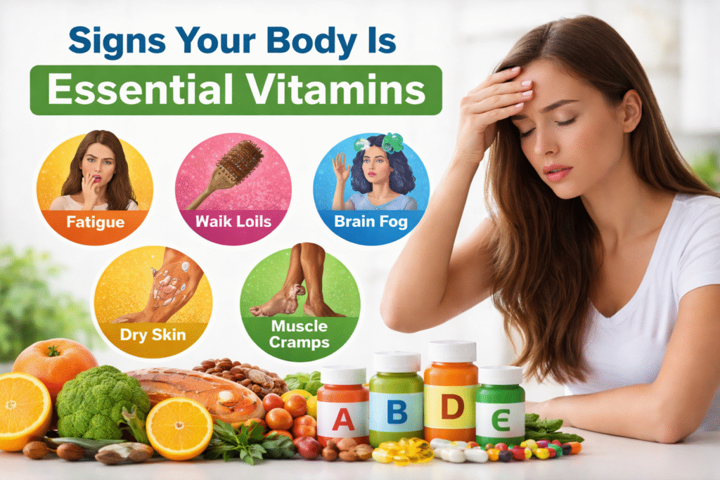 Signs your body is lacking essential vitamins showing fatigue, hair fall, dry skin, brain fog, and muscle cramps with vitamin rich foods.