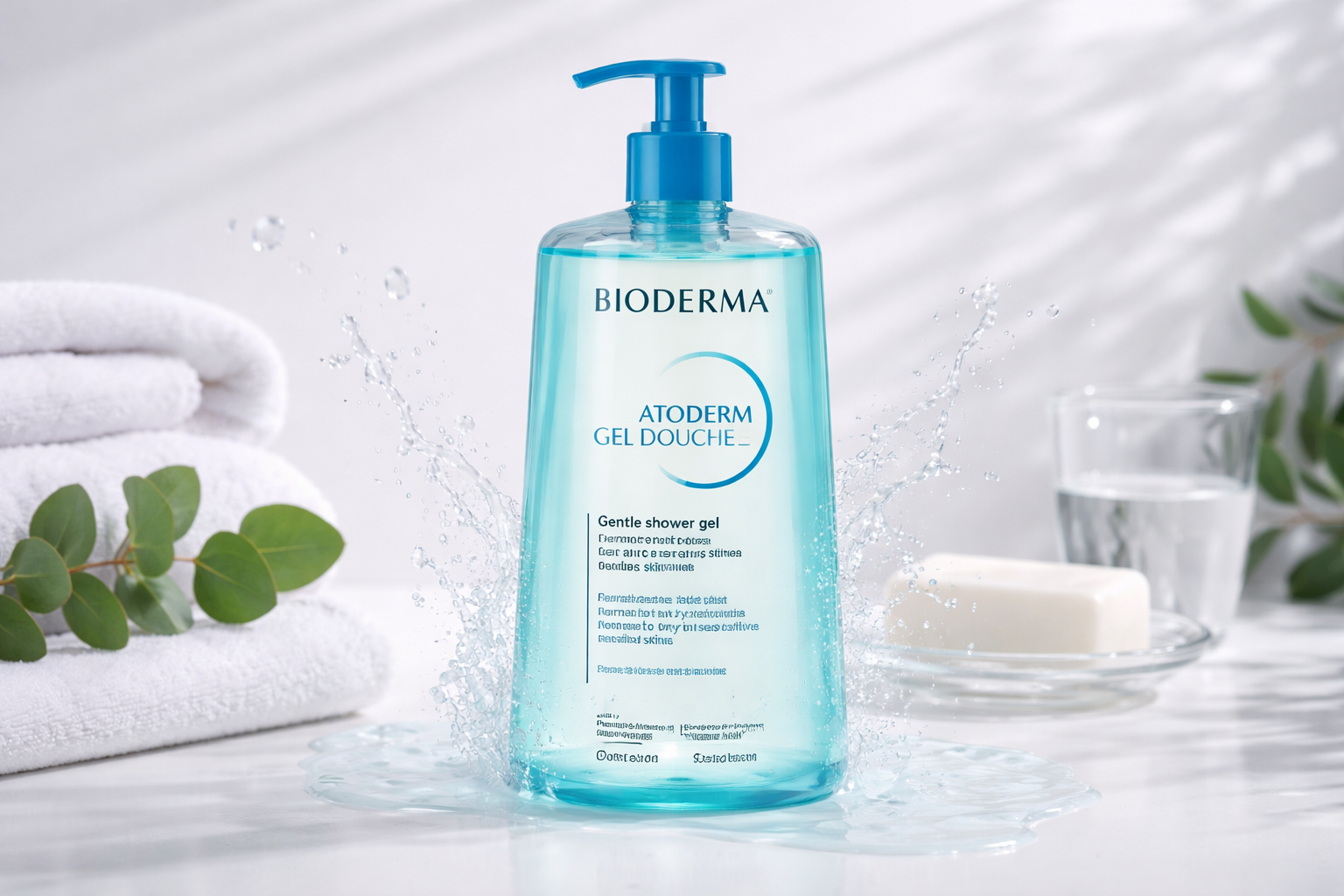 Bioderma Atoderm Hydrating Shower Gel bottle with blue pump on white background, surrounded by towels, soap, and eucalyptus leaves.