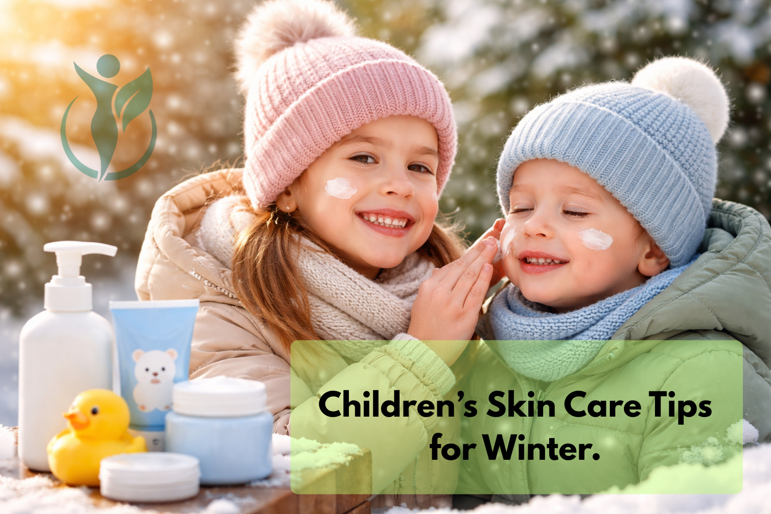 Two children applying moisturizer outdoors in winter, wearing warm clothing, surrounded by children’s skincare products and snow
