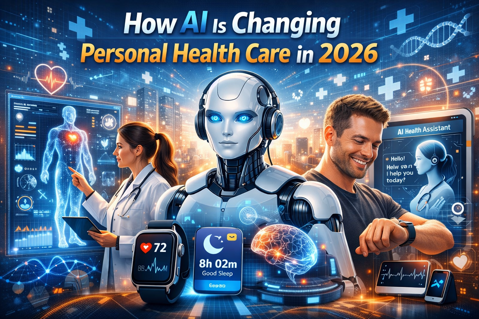 Futuristic digital illustration showing AI technology in personal health care with wearable devices, smart apps, and health data visualization for USA and UK audience