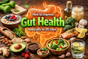 How to improve gut health naturally in 30 days concept image with glowing digestive system illustration surrounded by yogurt, berries, salmon, vegetables, seeds, and healthy whole foods on a wooden background.