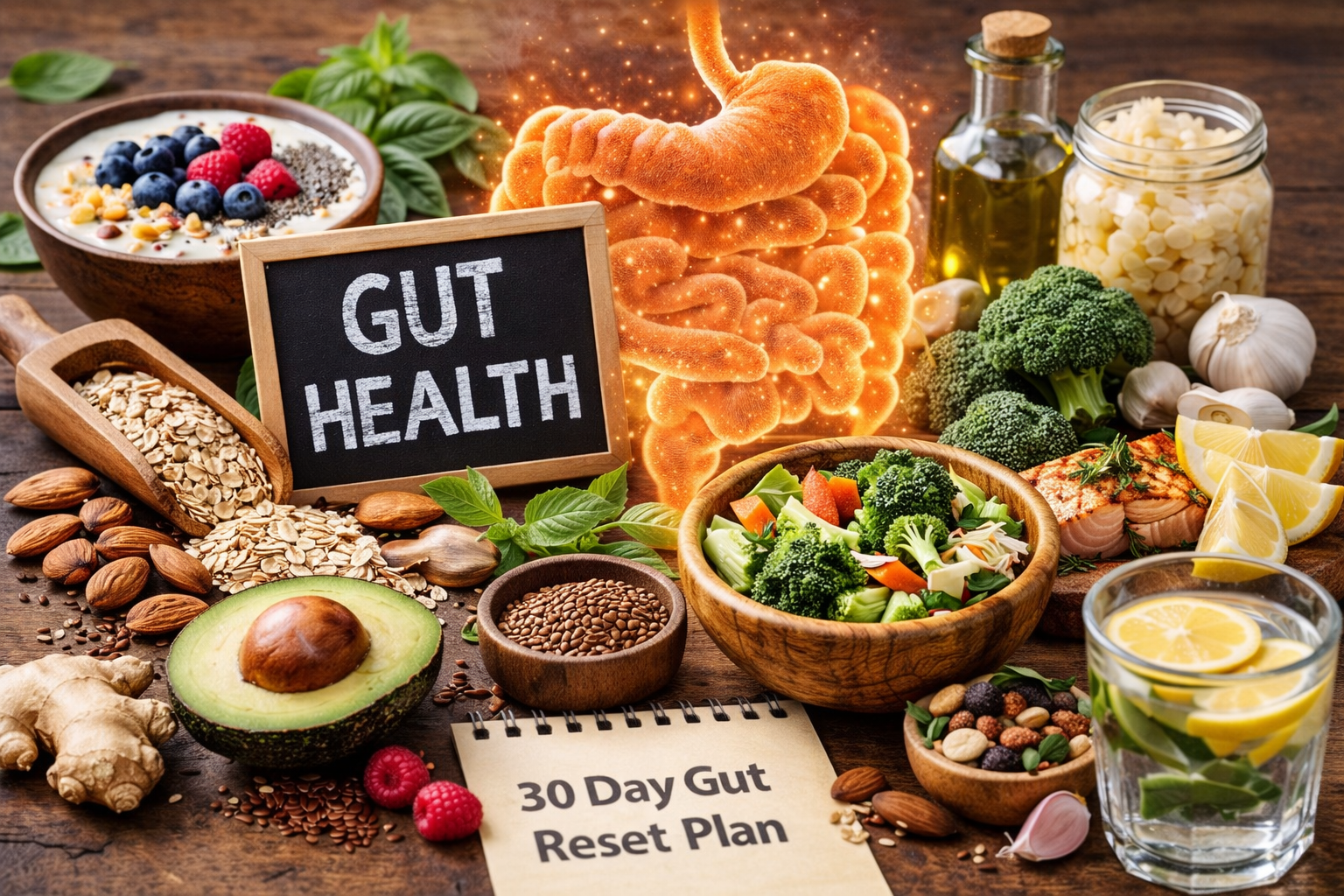 Gut health reset concept image with glowing intestine illustration surrounded by yogurt, berries, salmon, broccoli, oats, seeds, avocado, and lemon water on a wooden table.