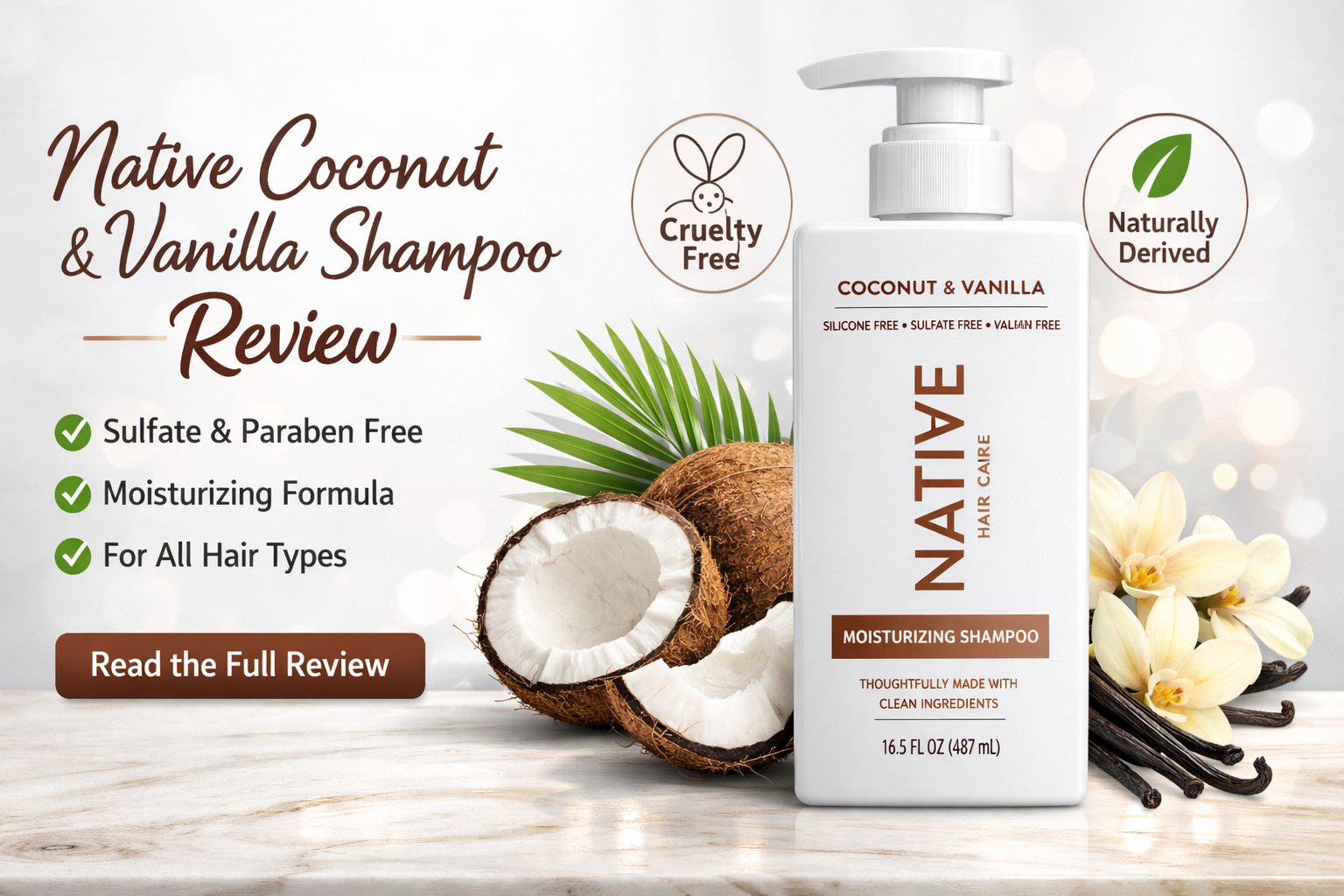 Promotional banner of Native Coconut & Vanilla Shampoo review featuring product bottle, coconut, and vanilla design with review highlights
