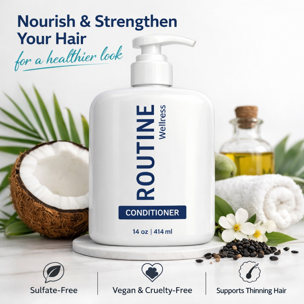Routine Wellness white conditioner bottle product shot on clean tropical style background