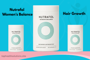 Three Nutrafol Women’s Balance supplement bottles against turquoise background with hair growth branding