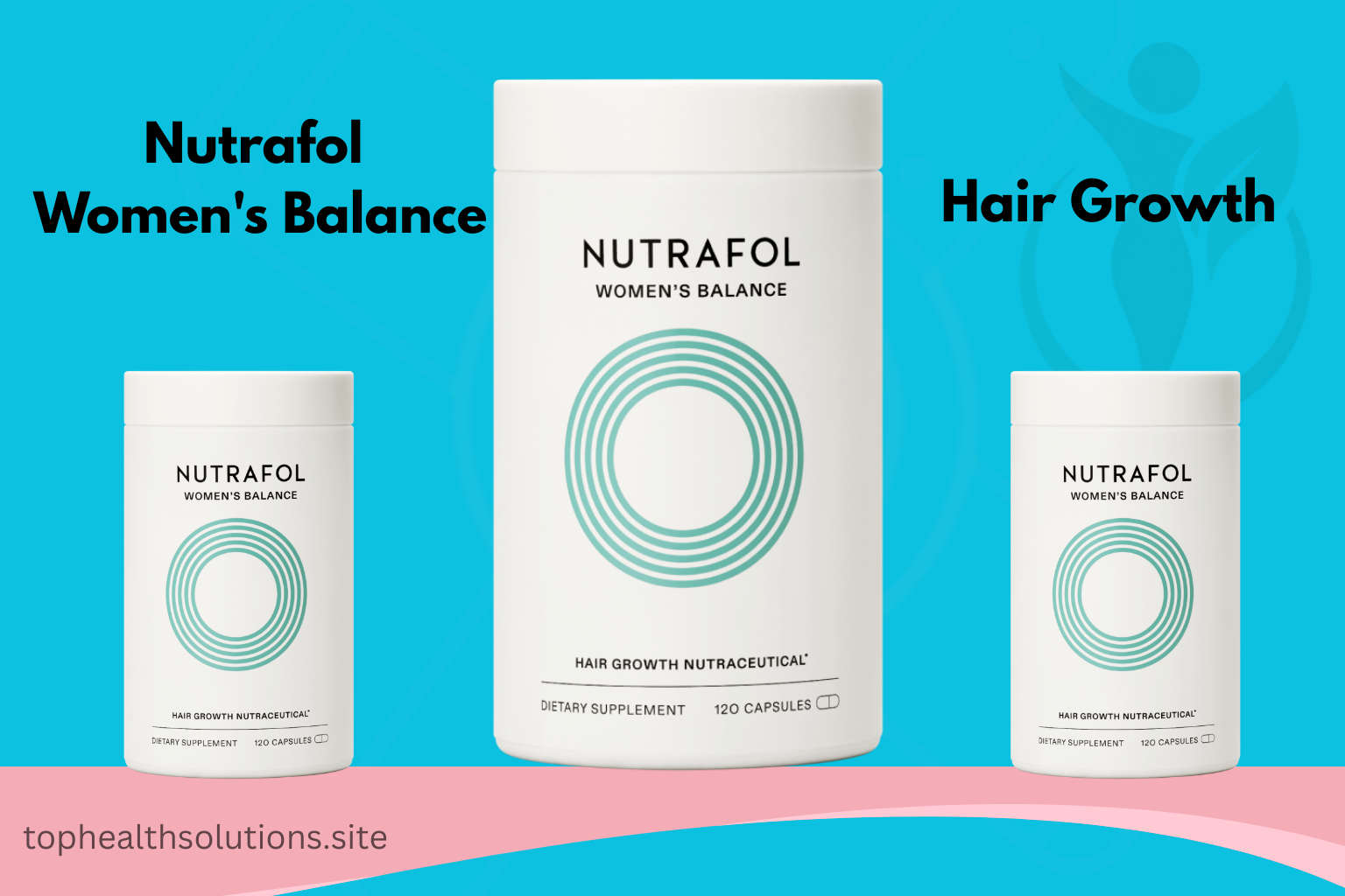 Three Nutrafol Women’s Balance supplement bottles against turquoise background with hair growth branding