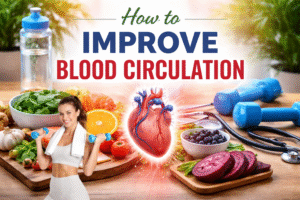 A fit woman exercising with dumbbells surrounded by healthy foods like salmon, spinach, oranges, beets, and blueberries, representing natural ways to improve blood circulation.