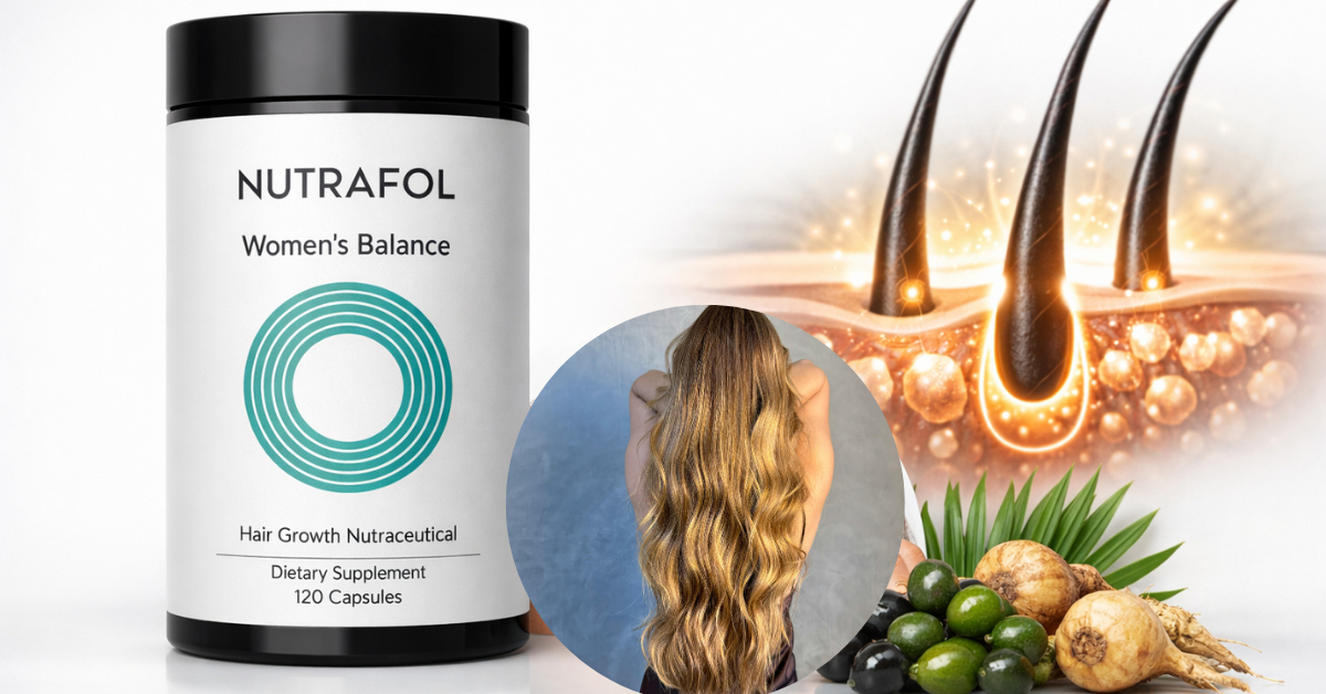 Text: Nutrafol Women’s Balance bottle with capsules and woman showing hair growth