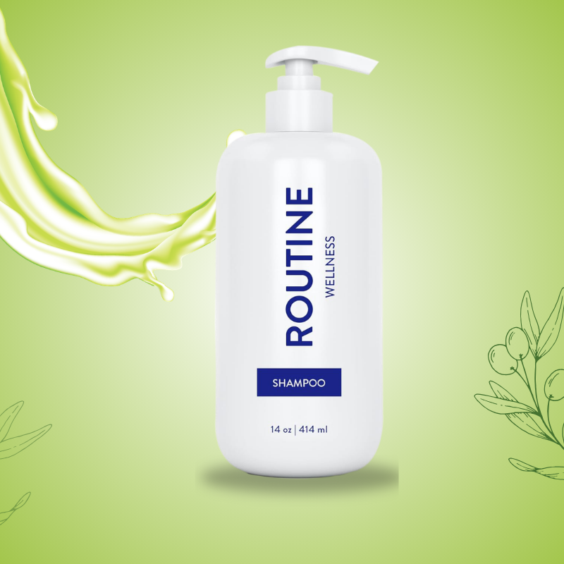 White Routine Wellness shampoo bottle with pump dispenser on soft green gradient background