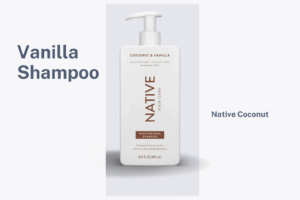 Native Coconut & Vanilla Moisturizing Shampoo white pump bottle 16.5 fl oz on light gray-blue background with clean minimal design